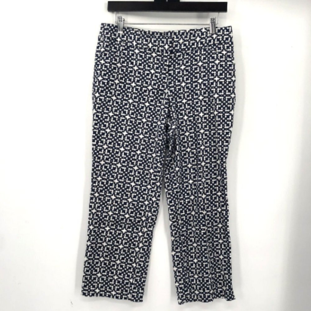 LAUNDRY SHELLI SEGAL Geometric Print Stretch Crop Pant Blue White 6 Dressy Khaki